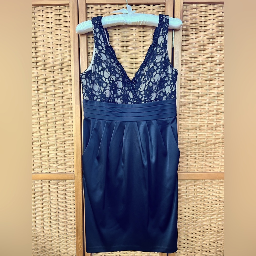 Black lace and satin embellished cocktail dress Size 10